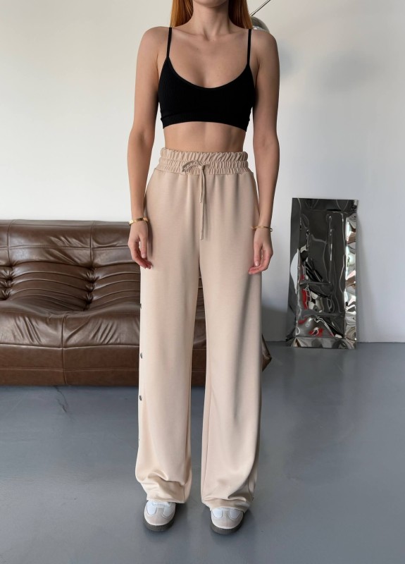 7003 Modal Bej Rengi Çıtçıtlı Modal Kumaş Bel Lastikli Palazzo Eşofman - 3