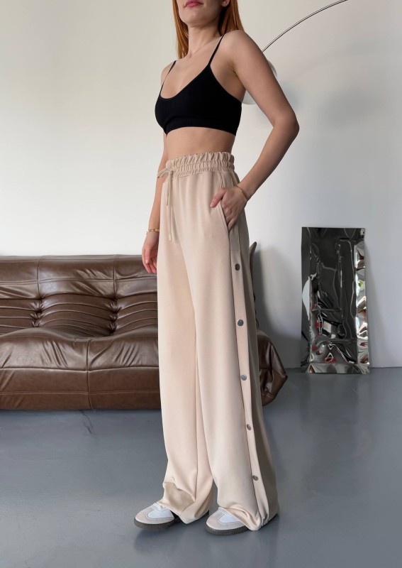 7003 Modal Bej Rengi Çıtçıtlı Modal Kumaş Bel Lastikli Palazzo Eşofman - 1