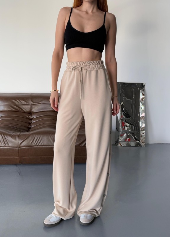 7003 Modal Bej Rengi Çıtçıtlı Modal Kumaş Bel Lastikli Palazzo Eşofman - 5