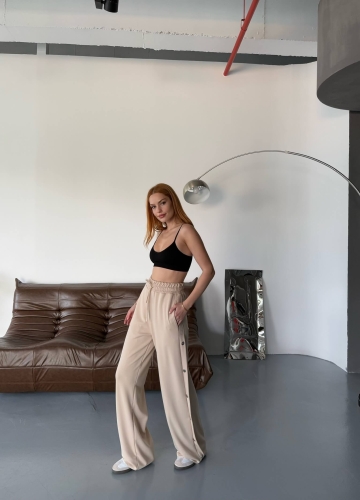 7003 Modal Bej Rengi Çıtçıtlı Modal Kumaş Bel Lastikli Palazzo Eşofman - 2