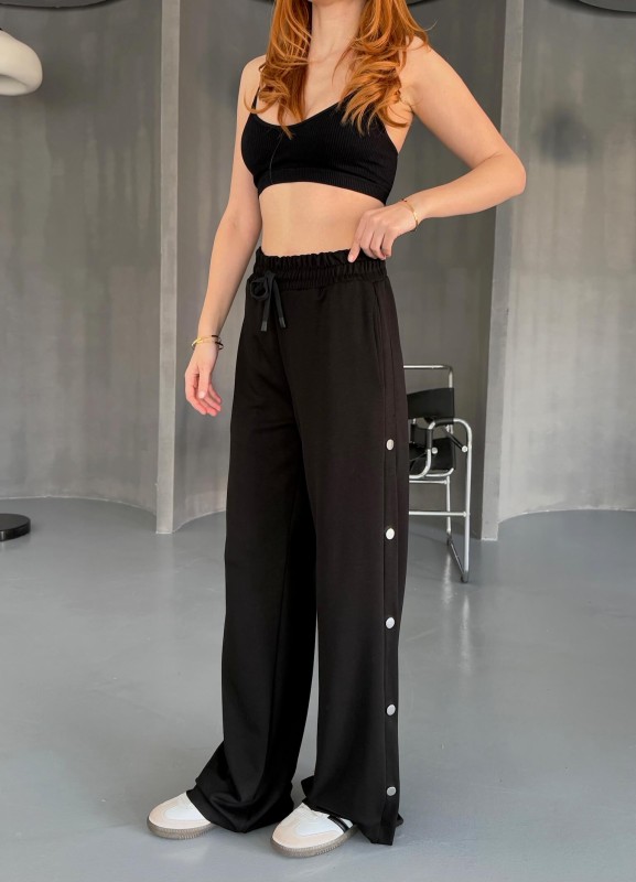 7003 Modal Siyah Çıtçıtlı Modal Kumaş Bel Lastikli Palazzo Eşofman - 4