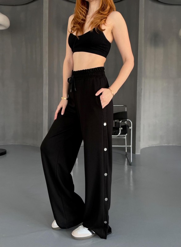 7003 Modal Siyah Çıtçıtlı Modal Kumaş Bel Lastikli Palazzo Eşofman - 1