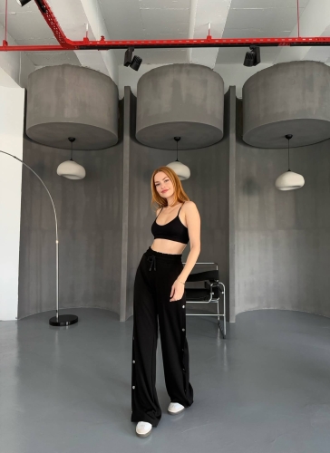 7003 Modal Siyah Çıtçıtlı Modal Kumaş Bel Lastikli Palazzo Eşofman - 2