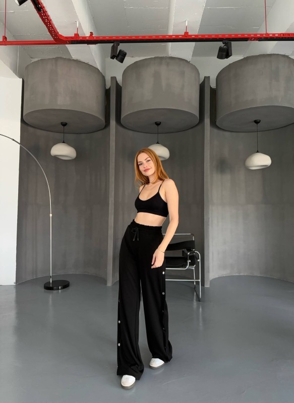 7003 Modal Siyah Çıtçıtlı Modal Kumaş Bel Lastikli Palazzo Eşofman - 2