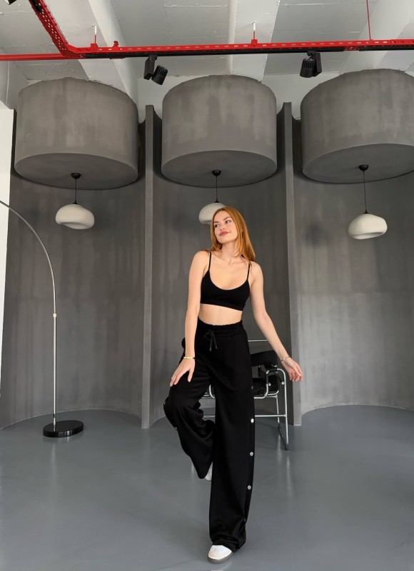 7003 Modal Siyah Çıtçıtlı Modal Kumaş Bel Lastikli Palazzo Eşofman - 5