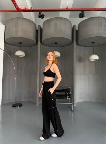 7003 Modal Siyah Çıtçıtlı Modal Kumaş Bel Lastikli Palazzo Eşofman - 7