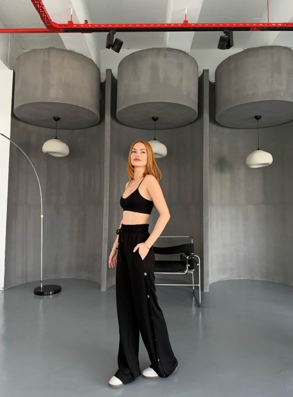 7003 Modal Siyah Çıtçıtlı Modal Kumaş Bel Lastikli Palazzo Eşofman - 7