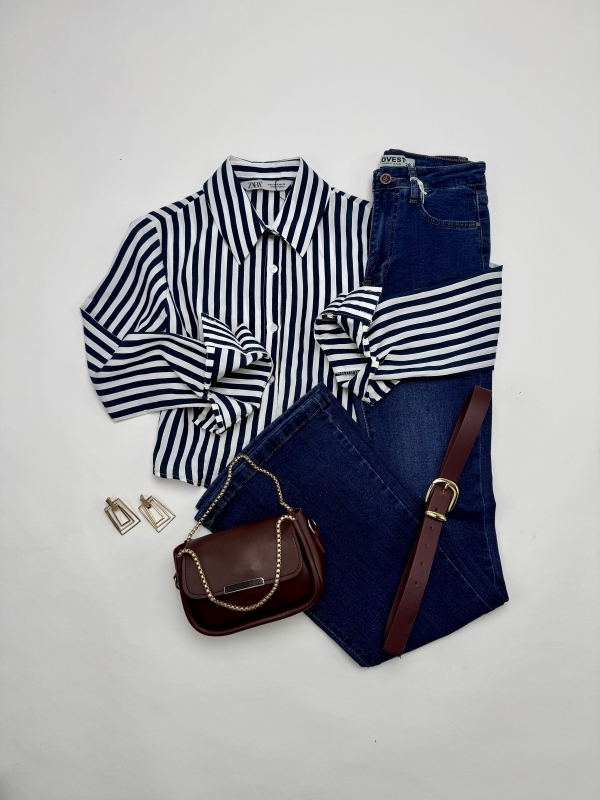 K003 Çizgili Gömlek İspanyol Jean Bordo Zincirli Çanta Bordo Gold Tokalı Dörtlü Kombin