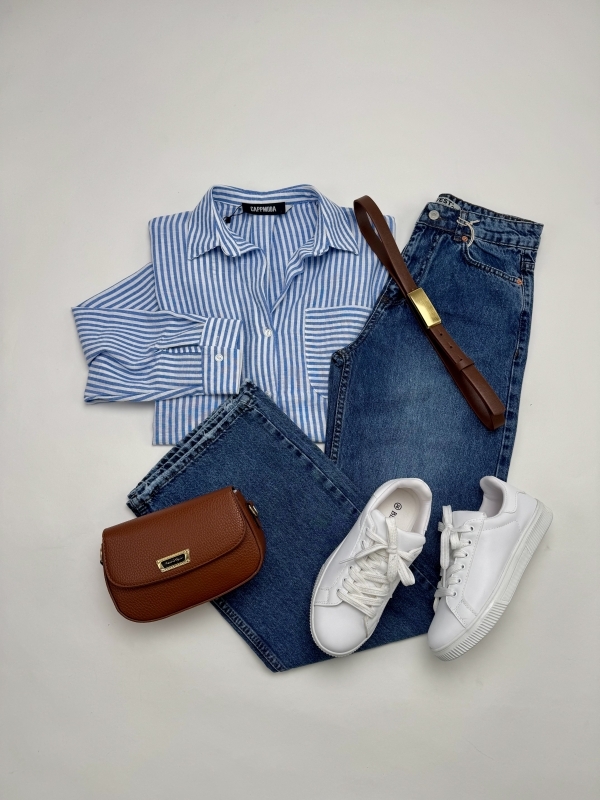 K006 Mavi Çizgili Gömlek Mavi Palazzo Jean Taba Gold Toka Kemer Taba Çanta Beyaz Sneaker Beşli Kombin