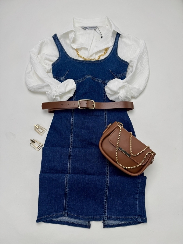 K009 Askılı Jean Elbise Beyaz Gömlek Taba Kemer Zincirli Taba Çanta Dörtlü Kombin