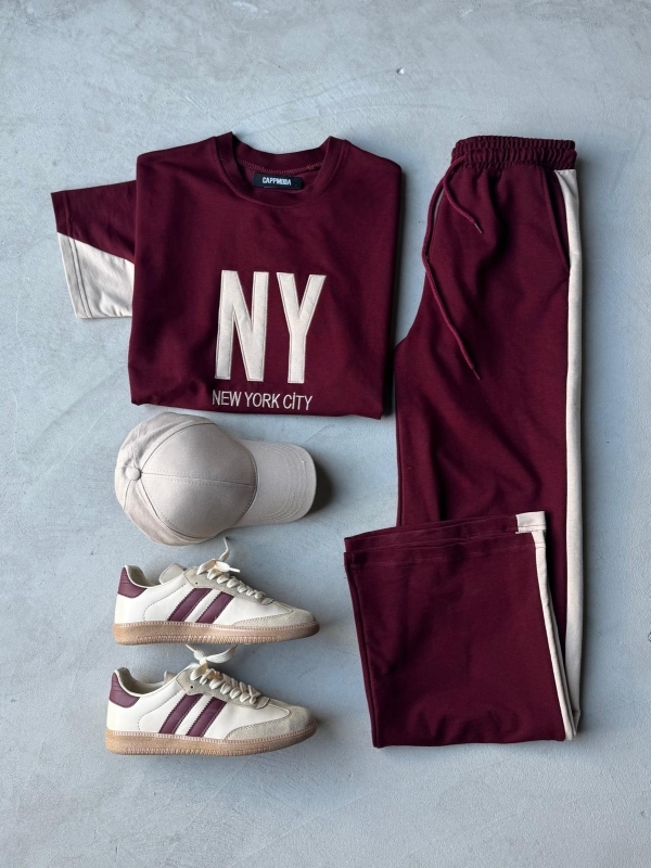 K017 Bordo NY Bej Şeritli Salaş İkili Takım Taş Rengi Cap Bej Bordo Çizgili Dörtlü Kombin