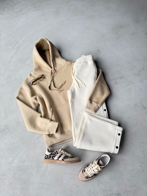 K018 Vizon Sweatshirt Beyaz Çıtçıtlı Eşofman Leopar SMB Sneaker İmaj Gözlüğü Üçlü Kombin 