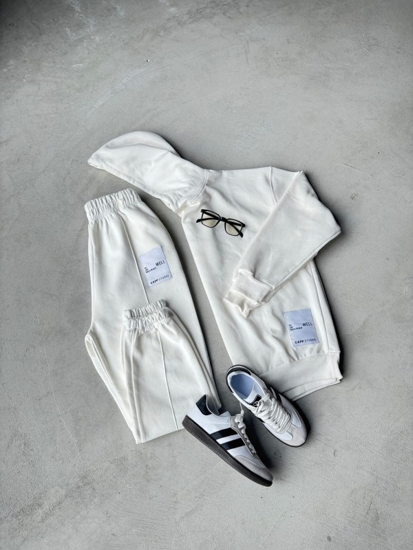 K019 Beyaz İki İplik Şardonlu İkili Takım Beyaz Şeritli SMB Snekaer Üçlü Kombin