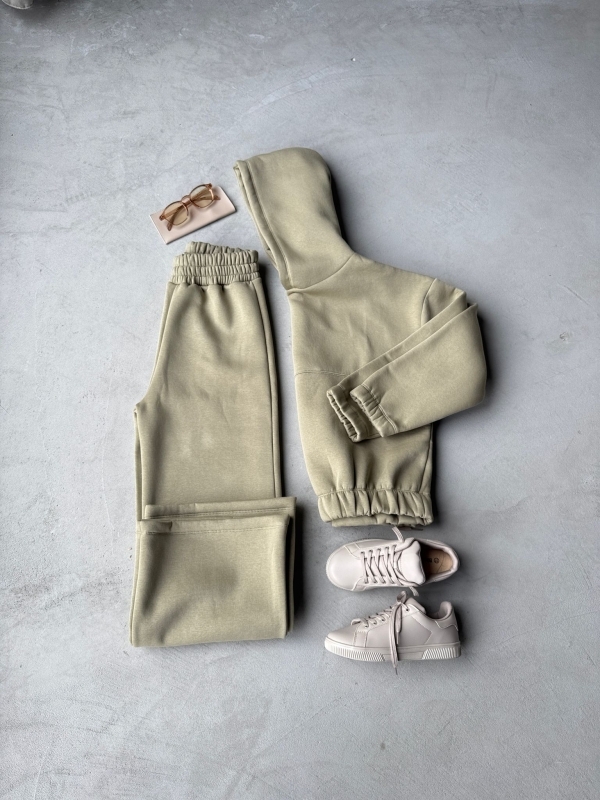 K022 Haki Üç İplik Şardonlu İkili Takım Taş Rengi Suni Deri Sneaker Üçlü Kombin