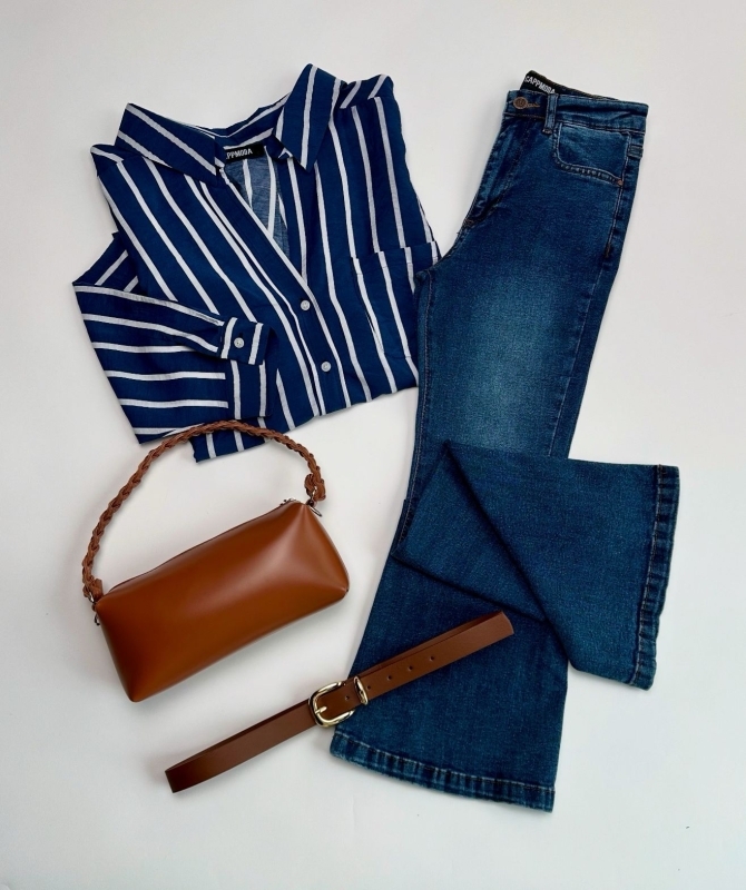 K029 Lacivert Çizgili Gömlek Mavi İspanyol Jean Taba Örgü Saplı Çanta Taba Tokalı Kemer Dörtlü Kombin 