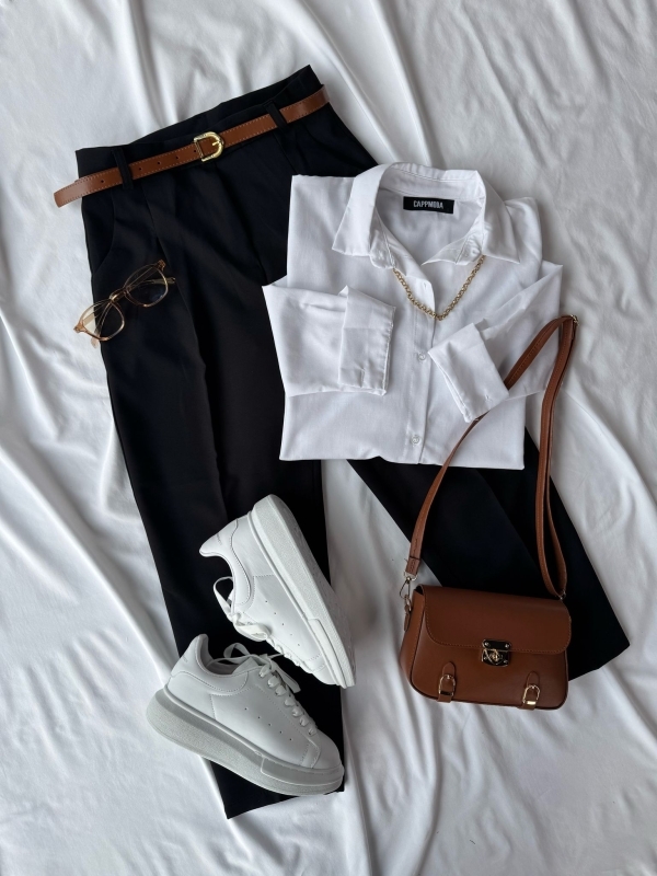 K037 Beyaz Düğmeli Gömlek Siyah Kemerli Pantolon Mini Suni Deri Çanta Yüksek Taban Snekaer Dörtlü Kombin