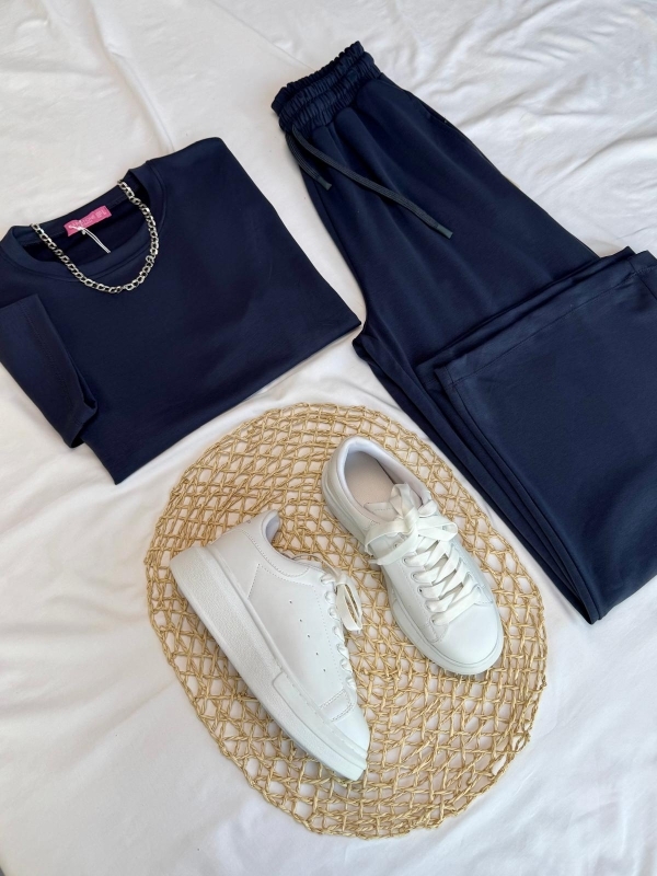 K047 Lacivert Oysh Kumaş Salaş İkili Takım Beyaz Yüksek Taban Sneaker Üçlü Kombin