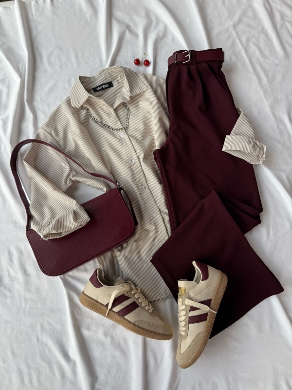 K038 Vizon Çizgili Gömlek Kemerli Palazzo Pantolon Bordo Çanta Şeritli SMB Snaeker Dörtlü Kombinn