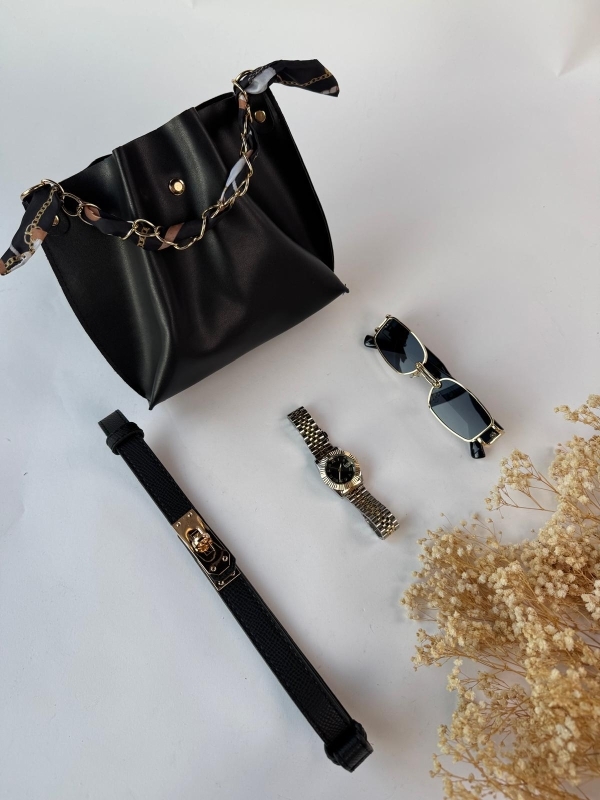 K071 Siyah Şal Detaylı Çanta Çelik Kordon Saat Gold Detaylı Gözlük Ayarlanabilir Kemer Dörtlü Kombin