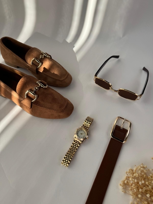 K072 Taba Gold Detaylı Süet Babet Gold Ful Çelik Kol Saati Kare Toka Kemer Gold Detay Gözlük Dörtlü Kombin