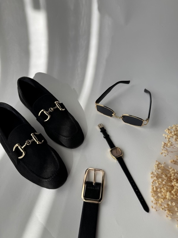 K073 Siyah Gold Tokalı Süet Babet Deri Kordonlu Kol Saati Gold Çerçeveli Siyah Gözlük Kare Toka Kemer Dörtlü Kombin