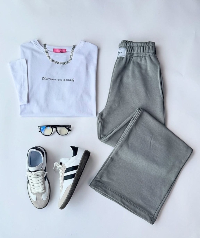 K075 Gri Destınatıon Is Done Yazı Enjeksiyon Baskılı İkili Takım Beyaz SMB Şeritli Sneaker Üçlü Kombin