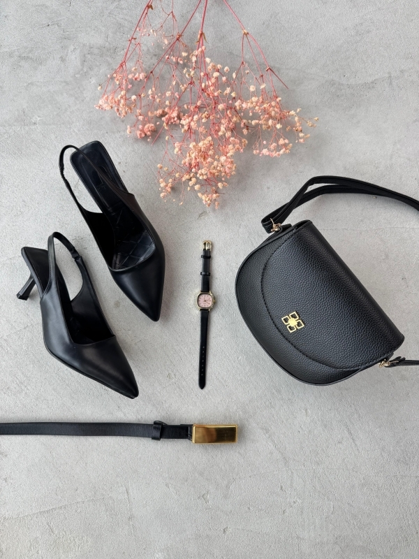 K083 Siyah Topuklu Ayakkabı Suni Deri Kordonlu Kol Saati Gold Zımba Detaylı Omuz Çantası Gold Tokalı Kemer Dörtlü Kombin 
