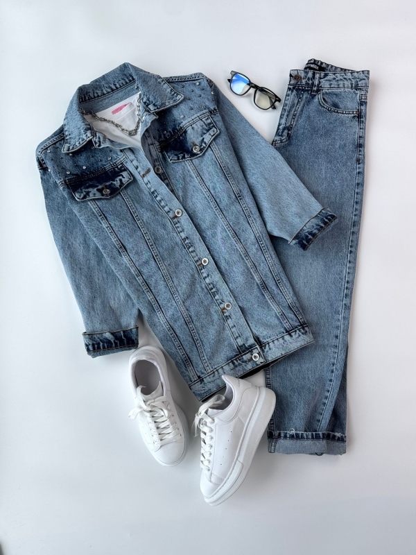 K084 Mavi Taş işlemeli Boyfriend Kot Ceket Buz Mavisi Taşlamalı Momfit Jean İkili Kombin