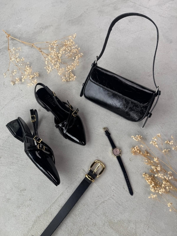 K092 Siyah Rugan Topuklu Ayakkabı Rugan Kol Çantası Gold Tokalı Kemer Siyah Kordonlu Kol Saati Dörtlü Set