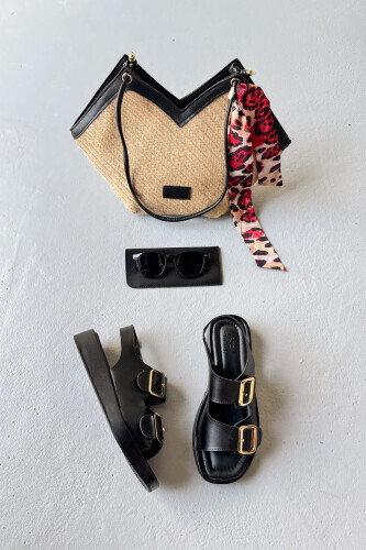 SET101 Siyah Sandalet - Çanta - Gözlük Yazlık 3'lü Set