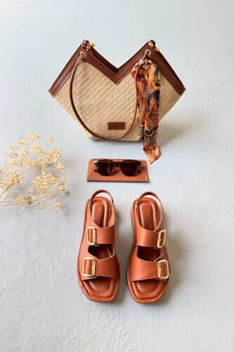 SET101 Taba Sandalet - Çanta - Gözlük Yazlık 3'lü Set