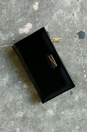 AKS-17092 Siyah Suni Deri Gold Aksesuar Detaylı Çıtçıtlı Cüzdan - 1