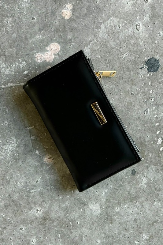 AKS-17092 Siyah Suni Deri Gold Aksesuar Detaylı Çıtçıtlı Cüzdan - 1