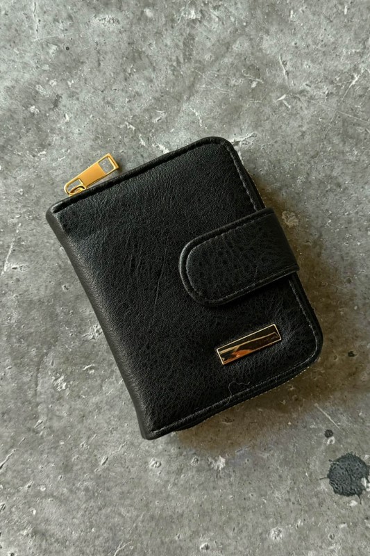 AKS-17093 Siyah Çıtçıtlı Fermuarlı Mini Suni Deri Cüzdan - 1