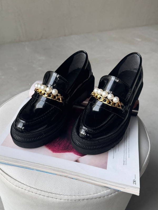 AYK-1004 Siyah Yüksek Taban İnci Aksesuarlı Loafer - 1