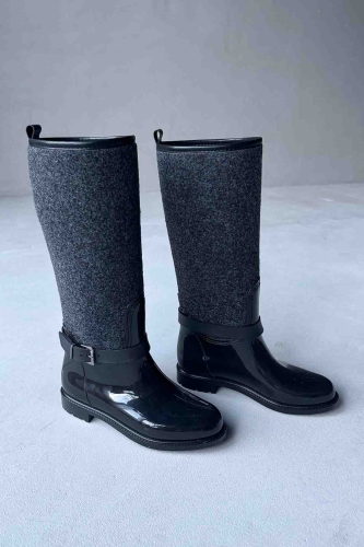 AYK-1009 Füme Kaşe Detay Kemerli Kaymaz Taban Yağmur Çizmesi 