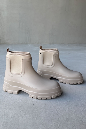 AYK-1012 Taş Rengi Scuba Kumaş Lastik Detaylı Yüksek Taban Su Geçirmez Yağmur Botu 