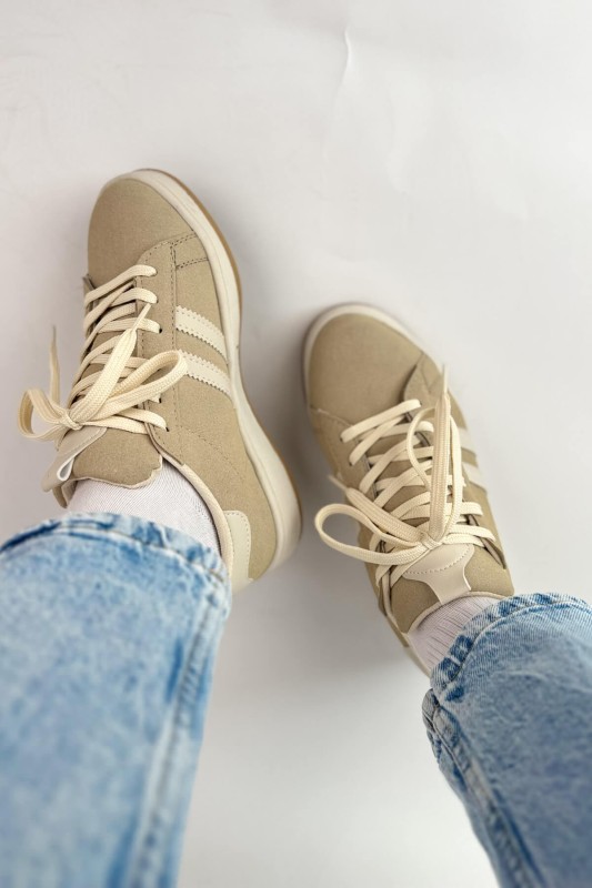 AYK-1019 Bej Rengi Süet Şeritli Muadil Sneaker - 3