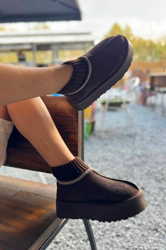 AYK-1024 Acı Kahve Örgü Bilek Detaylı İçi Kürklü Bot - 1