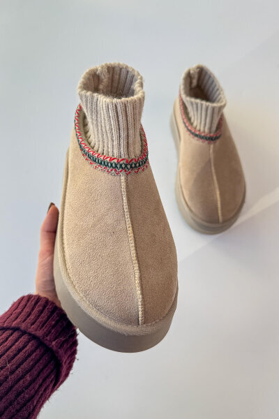 AYK-1024 Taş Rengi Örgü Bilek Detaylı İçi Kürklü Bot - 3