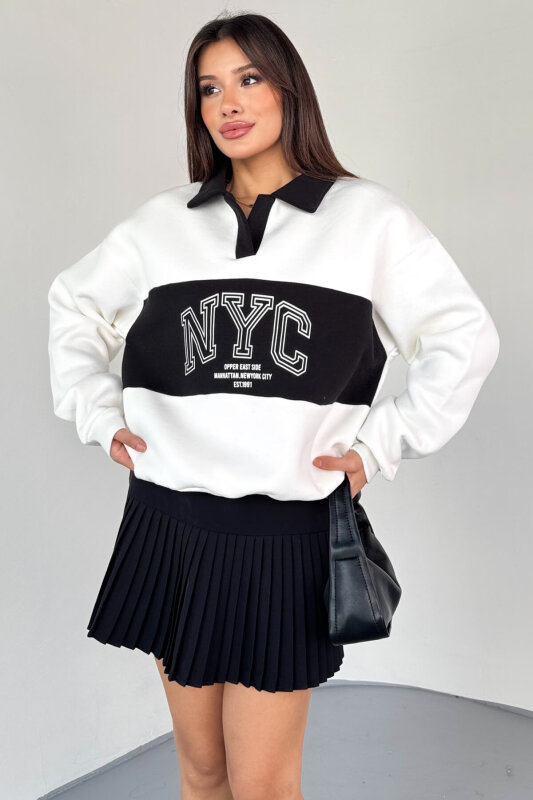 SWT-225 Beyaz NYC Baskılı Polo Yaka Kontrast Detaylı Sweatshirt - 2