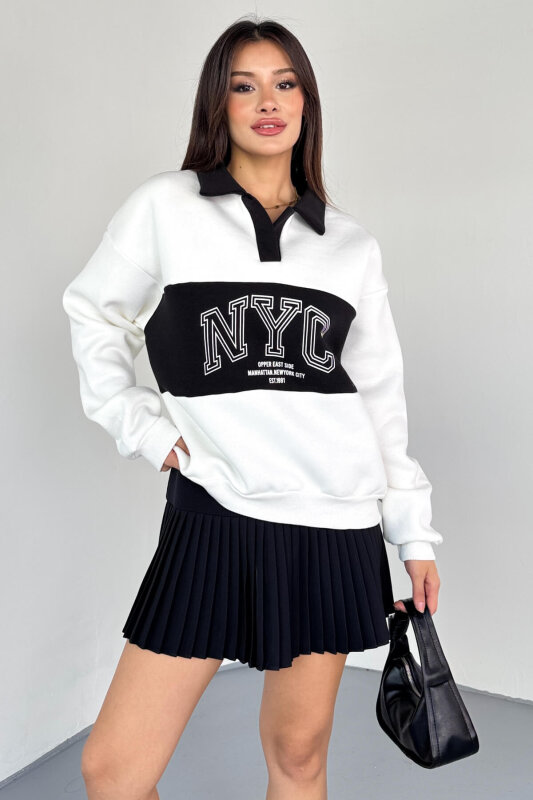 SWT-225 Beyaz NYC Baskılı Polo Yaka Kontrast Detaylı Sweatshirt - 3