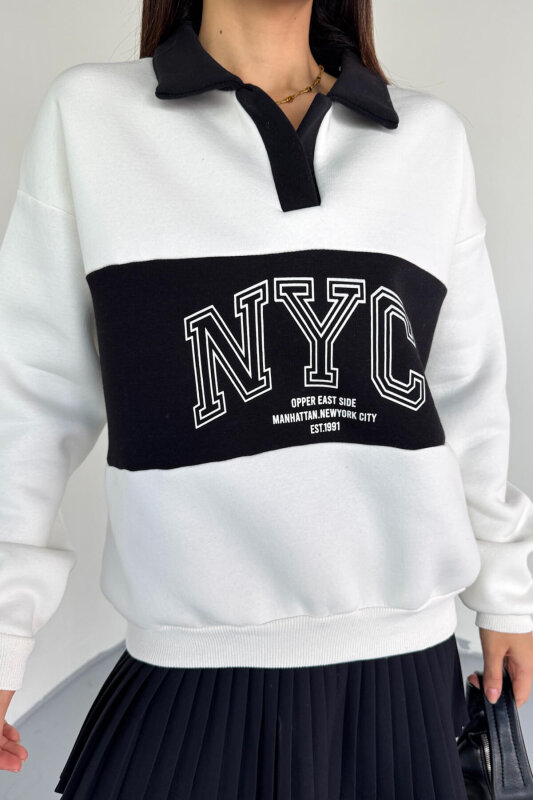 SWT-225 Beyaz NYC Baskılı Polo Yaka Kontrast Detaylı Sweatshirt - 4