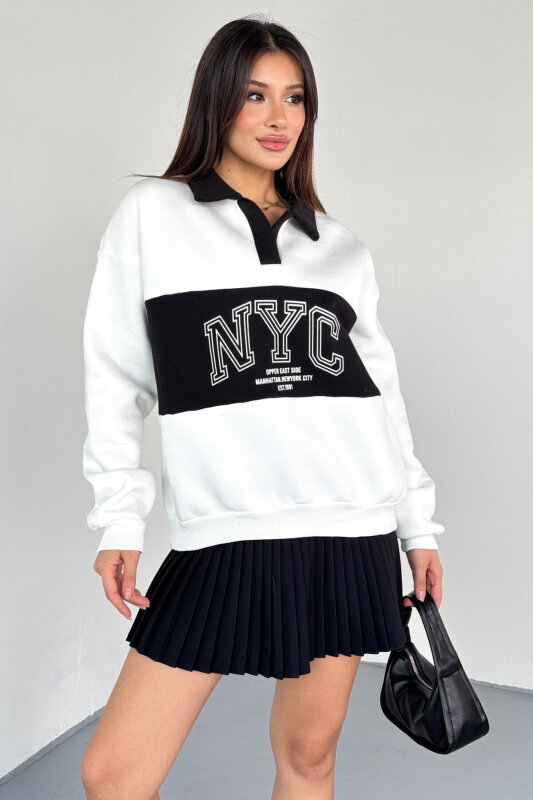 SWT-225 Beyaz NYC Baskılı Polo Yaka Kontrast Detaylı Sweatshirt - 6