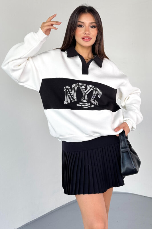 SWT-225 Beyaz NYC Baskılı Polo Yaka Kontrast Detaylı Sweatshirt - 1