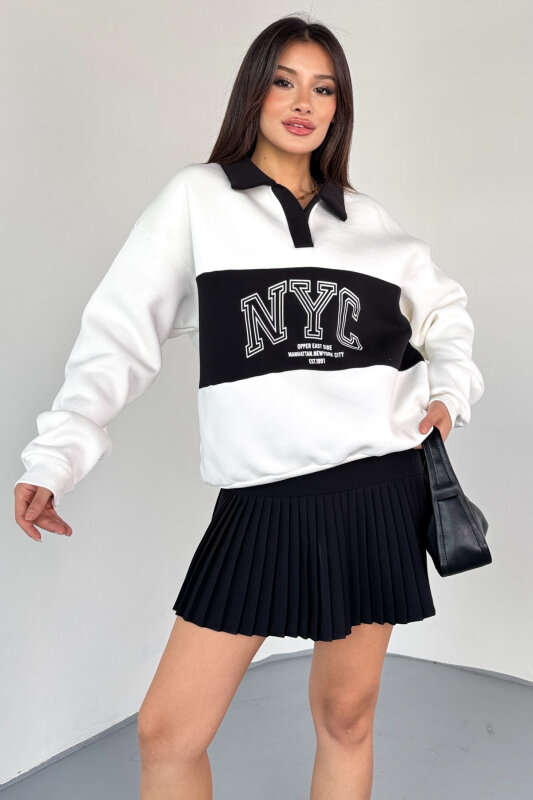 SWT-225 Beyaz NYC Baskılı Polo Yaka Kontrast Detaylı Sweatshirt - 7