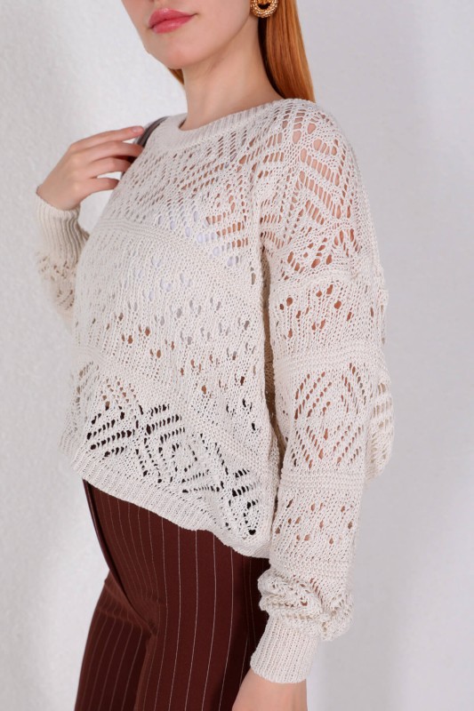 BLZ-06206 Ekru Geniş Yaka Ajurlu Triko Bluz - 4
