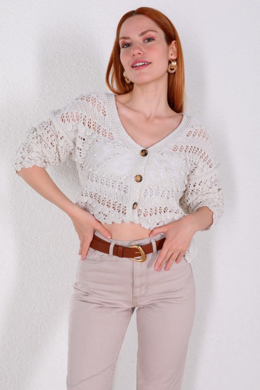 BLZ-06207 Ekru Ajurlu Düğmeli Triko Hırka Bluz - 2