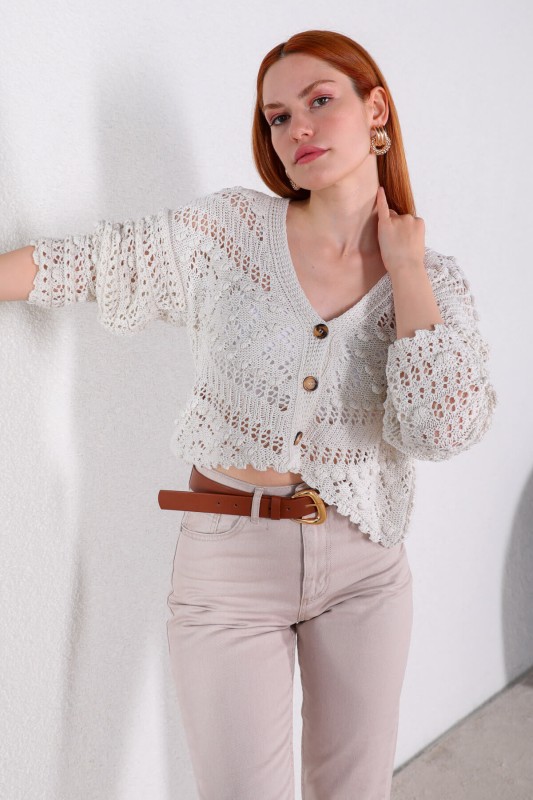 BLZ-06207 Ekru Ajurlu Düğmeli Triko Hırka Bluz - 3