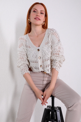 BLZ-06207 Ekru Ajurlu Düğmeli Triko Hırka Bluz - 4